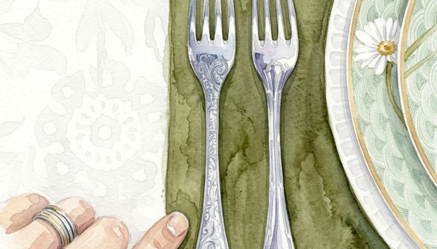 Fourchettes en argent dressées sur serviette verte — Art de la Table, Epicure Floriano